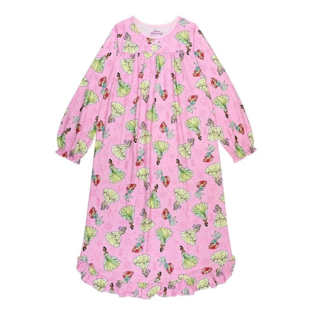 Disney Princess Flannel Granny‎ Nightgown Pajamas Ariel Belle Tiana Pink Girls 8